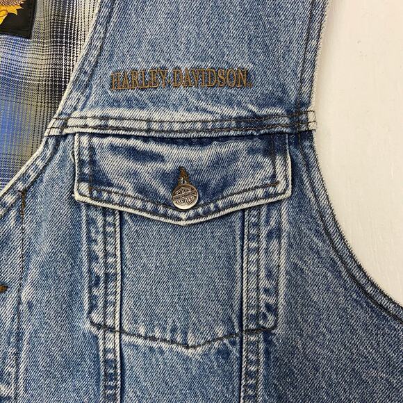 Harley Davidson Mens Blue Denim Plaid Lining Motorcycle Vest VTG Size Large - Picture 8 of 9